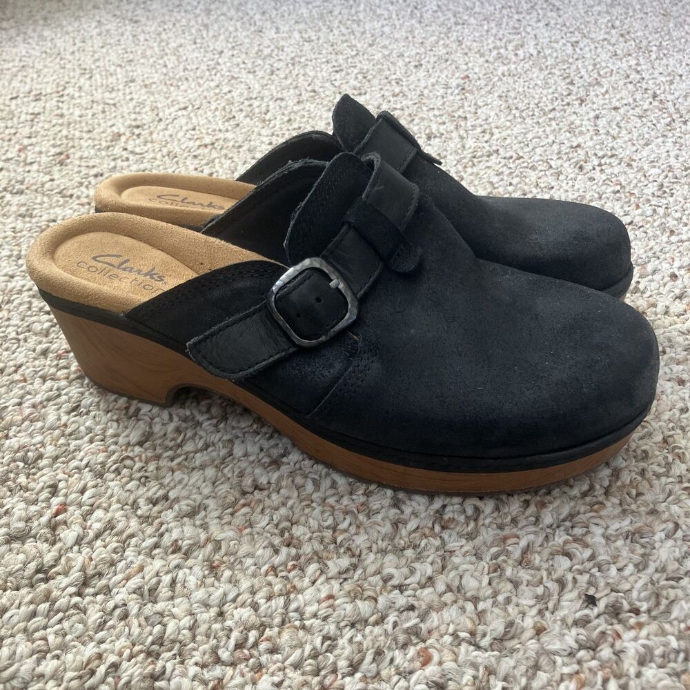 Clarks Collection Womens Clogs Size 8.5 W Black Cushion Chunky Heel Buckle Shoe